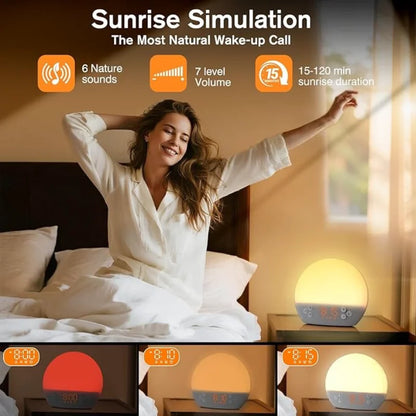 Digital Alarm Clock Sunrise Simulation White Noise Sound Machine with 30 Soothing Sound Dimmable Wake up Light for Home Decor