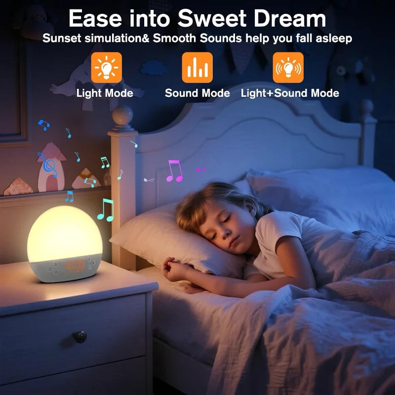 Digital Alarm Clock Sunrise Simulation White Noise Sound Machine with 30 Soothing Sound Dimmable Wake up Light for Home Decor